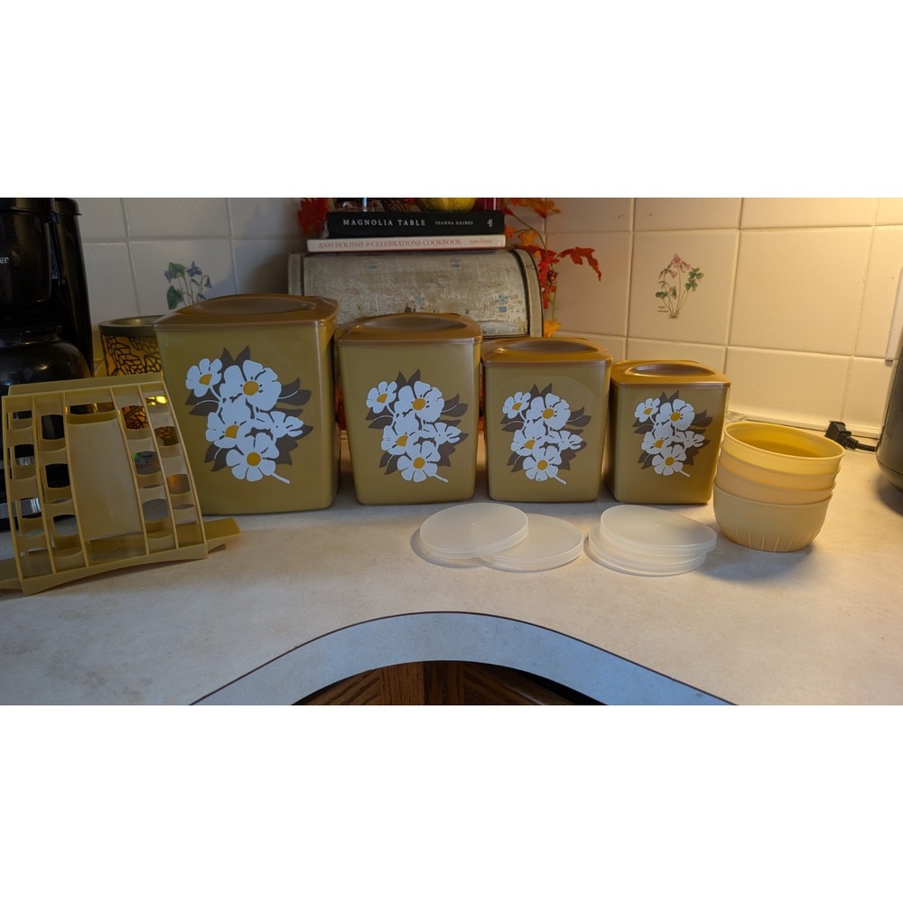 Vintage Nesting Canisters Set of 4 Mustard Yellow White Floral Plastic Kitchen